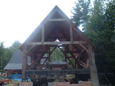 Cabinet shop queen post bent.
This shot shows the third bent or a gable bent with two queen posts.
